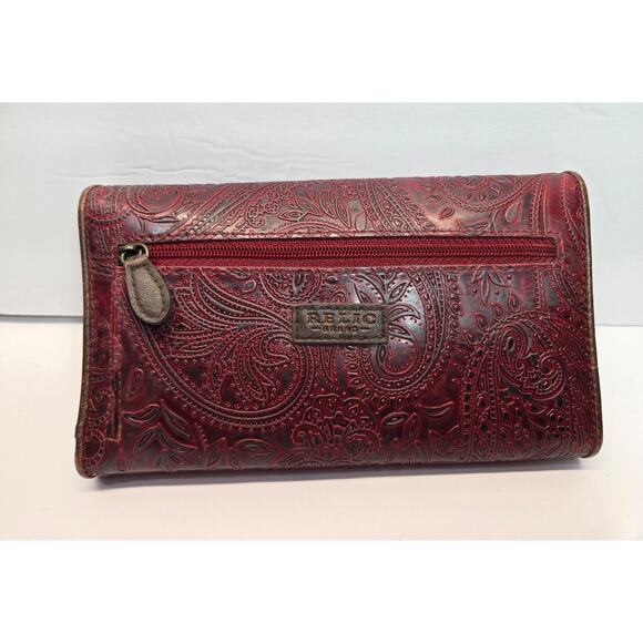 VTG Relic Brand Leather Tri Fold Checkbook Wallet Red Paisley Design- Y2K - Picture 2 of 7